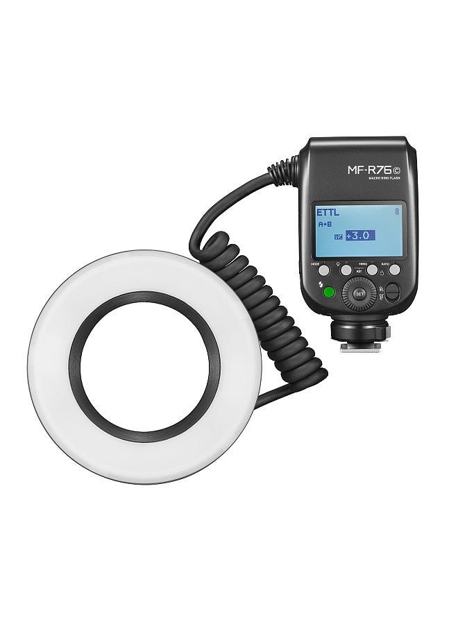 MF-R76C ETTL Macro Ring Flash Light GN14 10 Levels Adjustable Brightness with 8pcs Adapter Ring Large Capacity Battery Replacement for Canon Camera