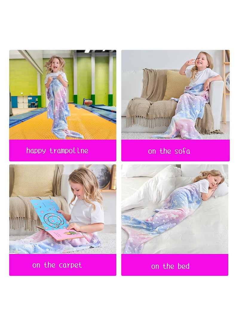 SYOSI Mermaid Tail Blanket, Glow in The Dark, Super Soft Plush Flannel Sleeping Bag, Star and Unicorn Design Snuggle Blanket, for Girls Age 1-10