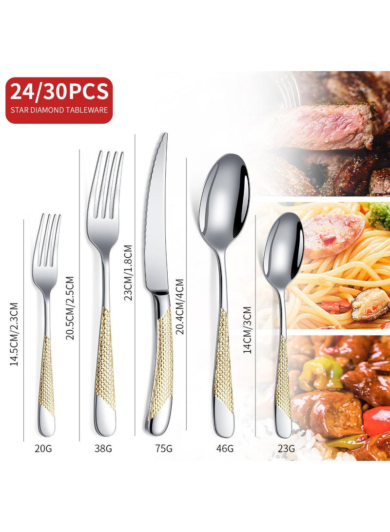 30-pieces Stainless steel tableware Western knife, fork and spoon set silver/gold