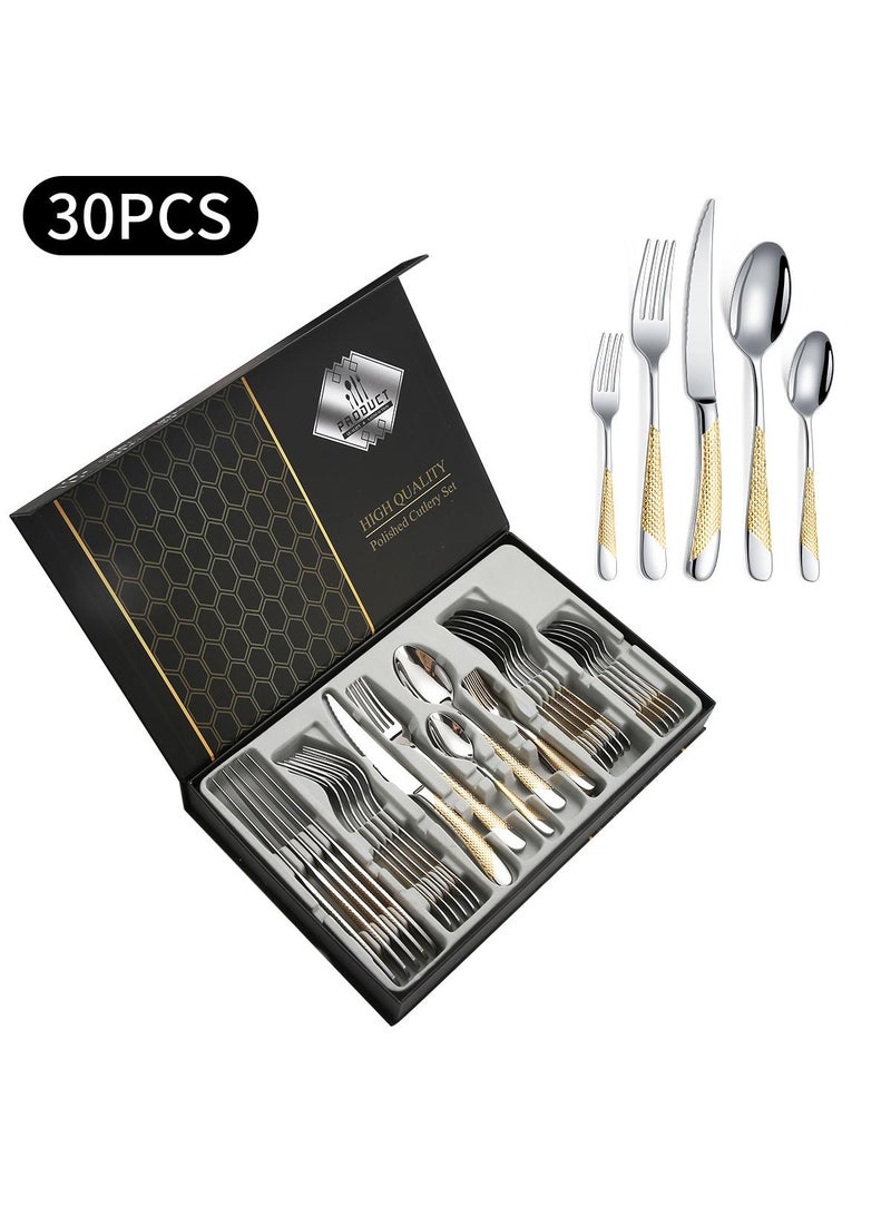 30-pieces Stainless steel tableware Western knife, fork and spoon set silver/gold