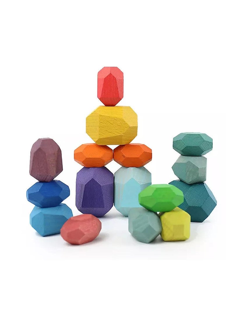 Stacking Stones Set 16 PCS Wooden Sorting Stacking Rocks Stones, Sensory Toddler Toys Learning Montessori Toys, Building Blocks Game for Kids Birthday Gifts for Kids