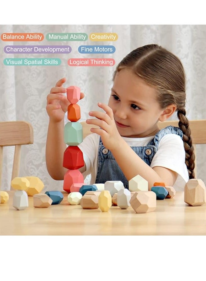 Stacking Stones Set 16 PCS Wooden Sorting Stacking Rocks Stones, Sensory Toddler Toys Learning Montessori Toys, Building Blocks Game for Kids Birthday Gifts for Kids