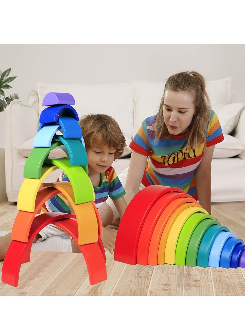 Rainbow Stackers 12 PCS Wooden Rainbow Stacker Extra Large Stacking Game Nesting Puzzle Building Blocks Educational Toys for Kids Baby Toddlers