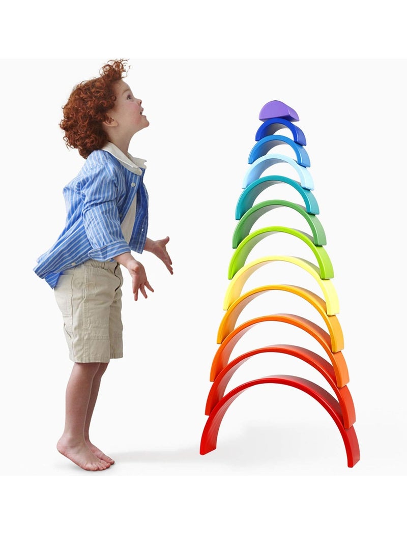 Rainbow Stackers 12 PCS Wooden Rainbow Stacker Extra Large Stacking Game Nesting Puzzle Building Blocks Educational Toys for Kids Baby Toddlers