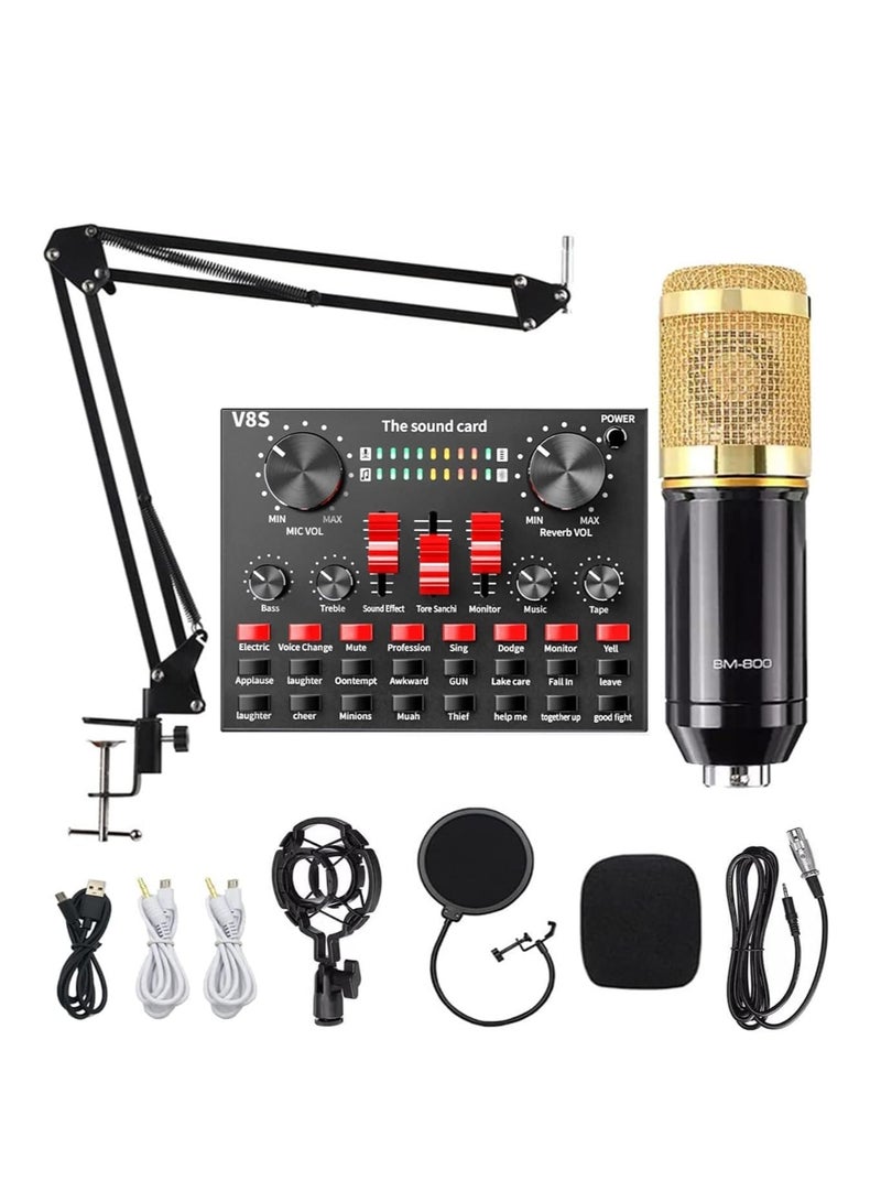 V8S Sound Card Upgraded VM-800 Condenser Microphone Set for Live Streaming Karaoke And Voice Recording Recording Sound Card, Voice Changer Device With Multiple Funny Sound Effect USB Audio Interface