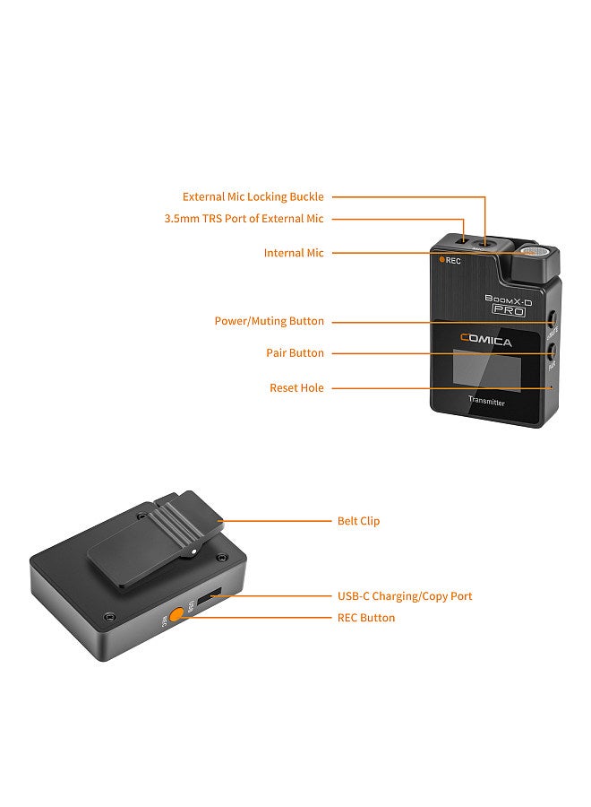BoomX-D PRO D2 One-Trigger-Two 2.4G Dual-Channel Wireless Microphone System Built-in 8G Memory Card Digital & Analog Output Modes 100M Effective Range