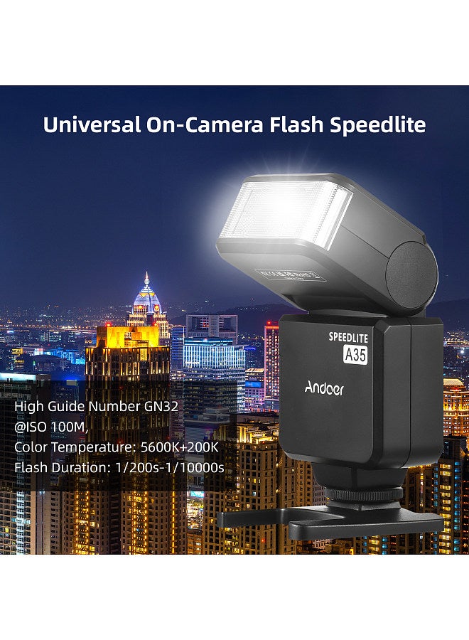 A35 Universal On-Camera Flash Electronic Speedlite with Universal Hot Shoe GN32 Wireless Trigger 1-4s Recycle Time with Trigger Transmitter Flash Speedlite