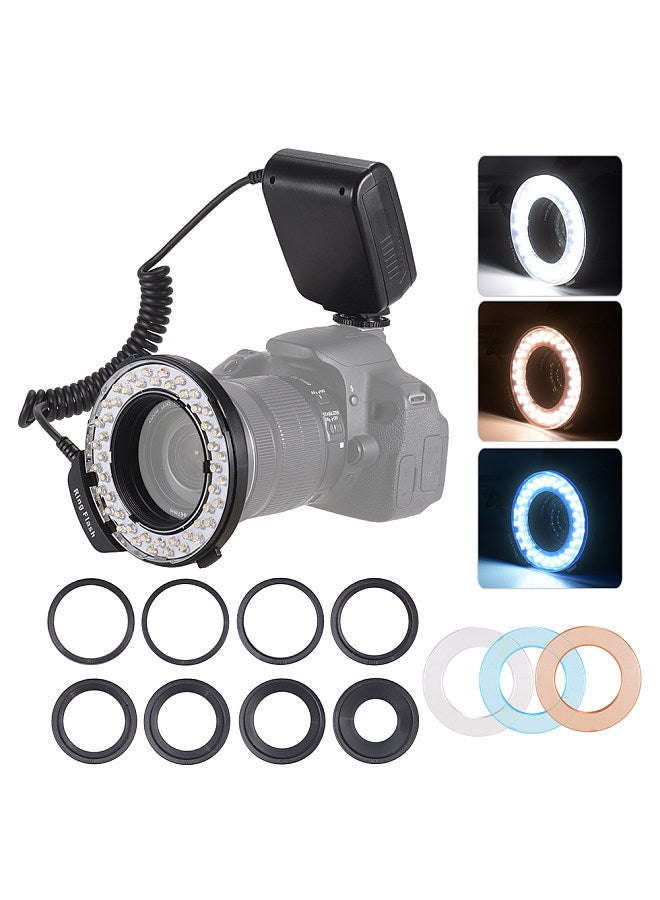 HD-130 Macro LED Ring Flash Light LCD Display 3000-15000K GN15 Power Control with 3 Flash Diffusers 8 Adapter Rings for Cameras