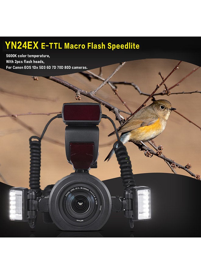 E-TTL Macro Flash Speedlite 5600K with 2pcs Flash Heads and 4pcs Adapter Rings for Canon EOS 1Dx 5D3 6D 7D 70D 80D Cameras