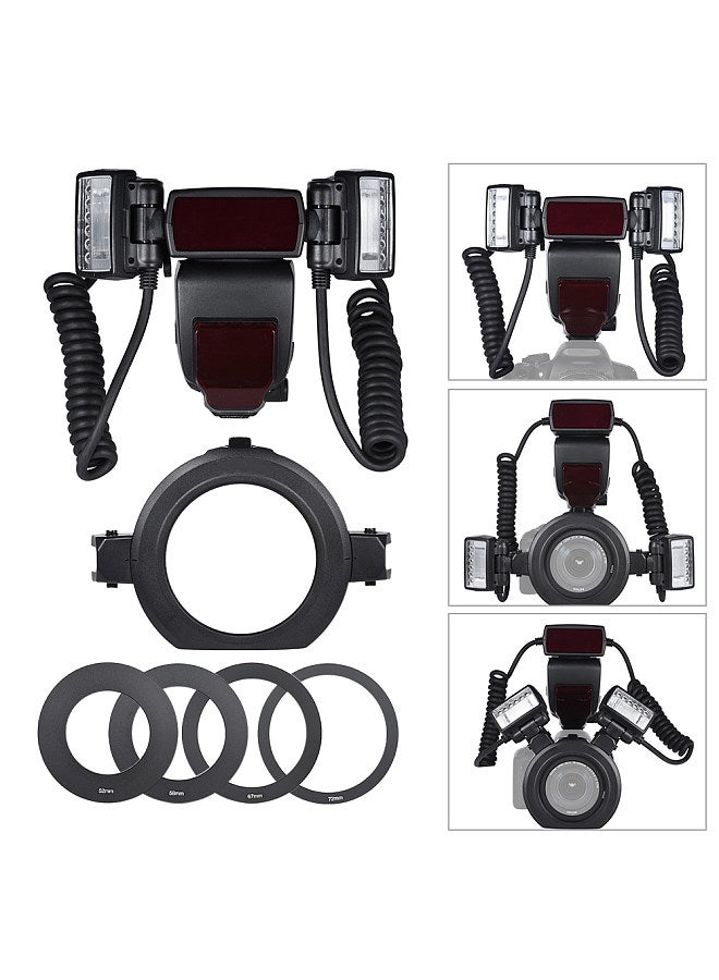 E-TTL Macro Flash Speedlite 5600K with 2pcs Flash Heads and 4pcs Adapter Rings for Canon EOS 1Dx 5D3 6D 7D 70D 80D Cameras