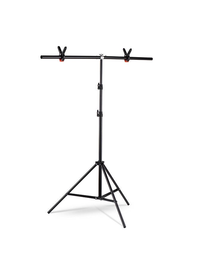 1 * 2m/3.2 * 6.5ft T-Shape Backdrop Stand Background Bracket Kit Aluminum Alloy Material Heavy Duty Portable Adjustable Height for Photography Video Studio with Spring Clip Black