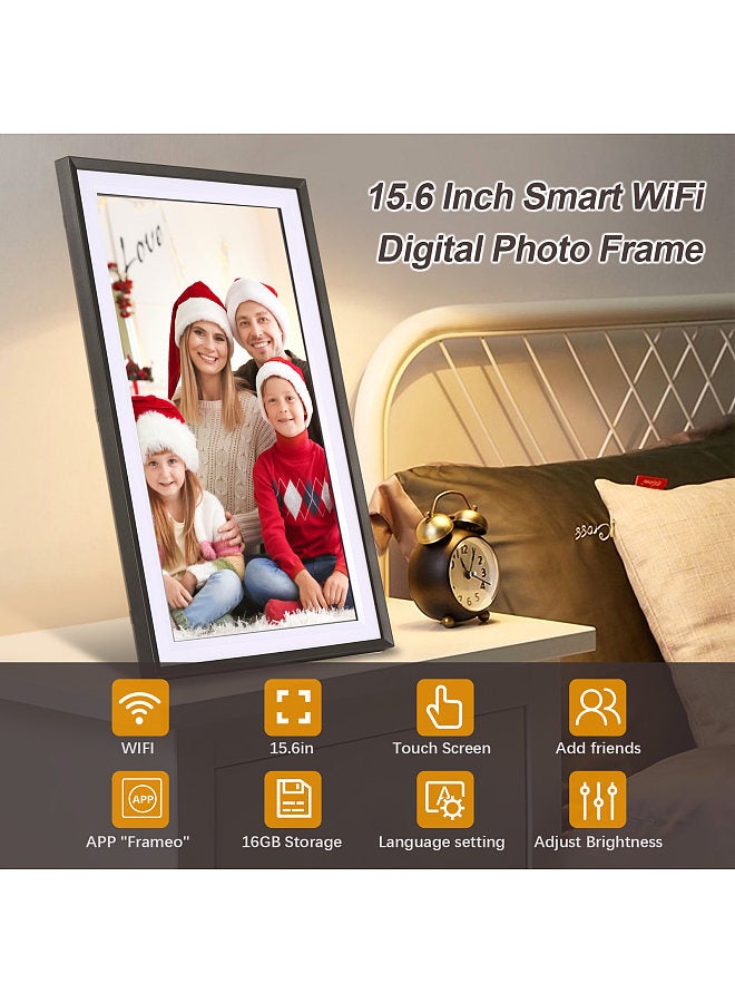 15.6-Inch WiFi Digital Photo Frame Cloud Digital Picture Frame 1920*1080 TFT Screen Touch Control 16GB Storage Auto Rotation Share Photos via APP with Backside Stand Perfect Gift for Festival