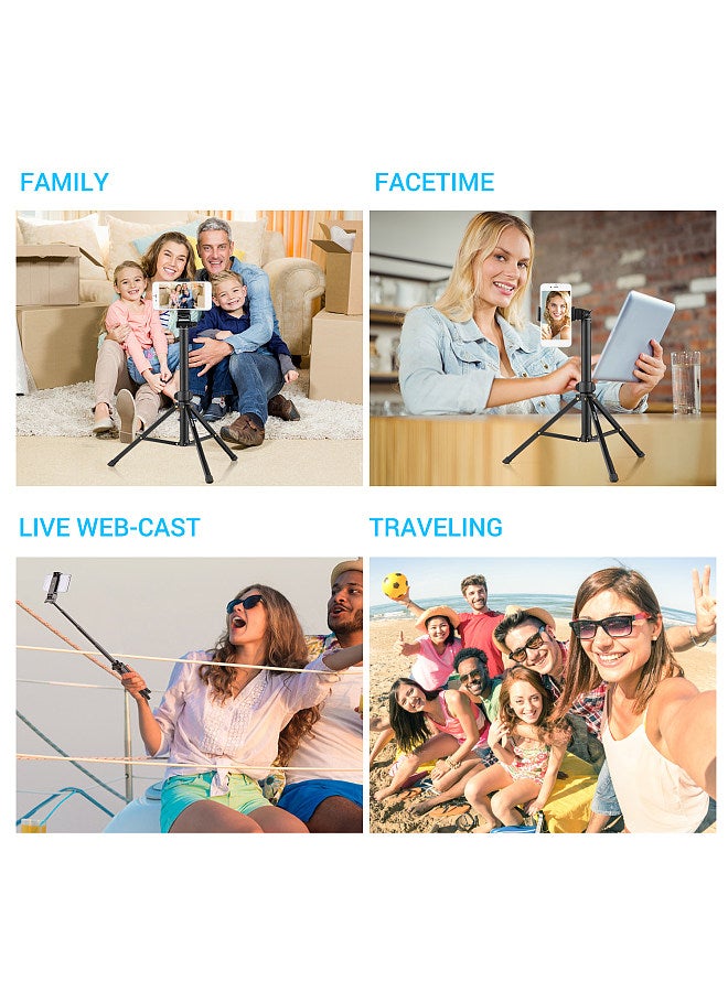 1.5m/59in 2-in-1 Tripod Stand + Extendable Selfie Stick Aluminum Alloy with Phone Holder Remote Shutter Compatible with iPhone Android Phones for Selfie Group Photo Live Streaming