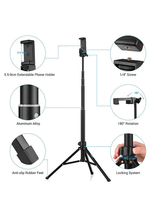 1.5m/59in 2-in-1 Tripod Stand + Extendable Selfie Stick Aluminum Alloy with Phone Holder Remote Shutter Compatible with iPhone Android Phones for Selfie Group Photo Live Streaming