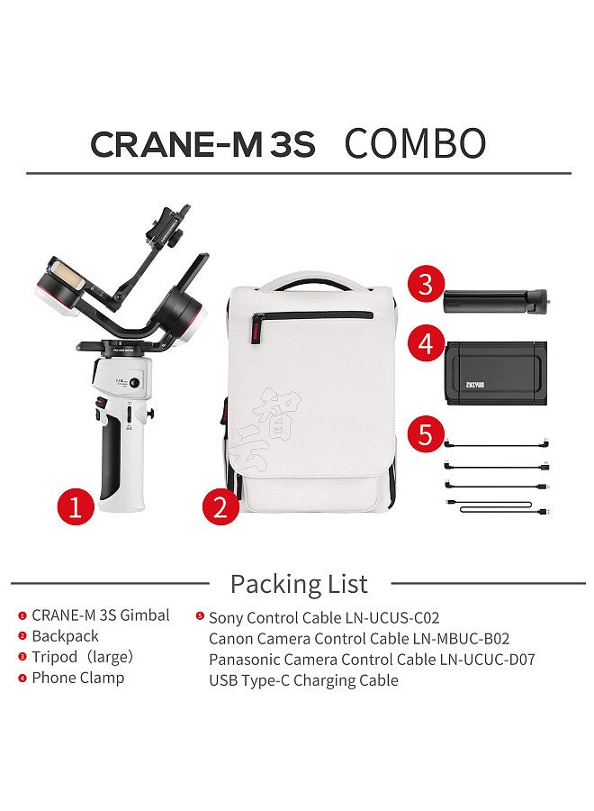 CRANE-M3S COMBO Camera Handheld 3-Axis Gimbal Stabilizer Built-in LED Fill Light PD Quick Charging Battery Mini Tripod Backpack Phone Clamp for DSLR Mirrorless Cameras Smartphones