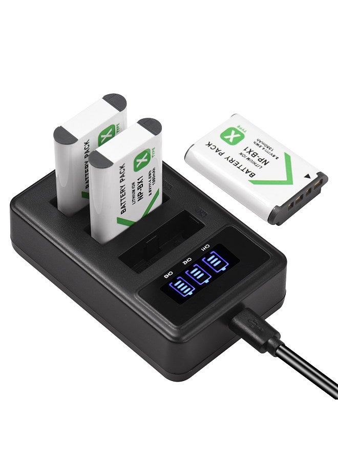 NP-BX1 Battery Charger 3-Slot with LED Indicators + 3pcs NP-BX1 Batteries 3.6V 1350mAh with USB Charging Cable Replacement
