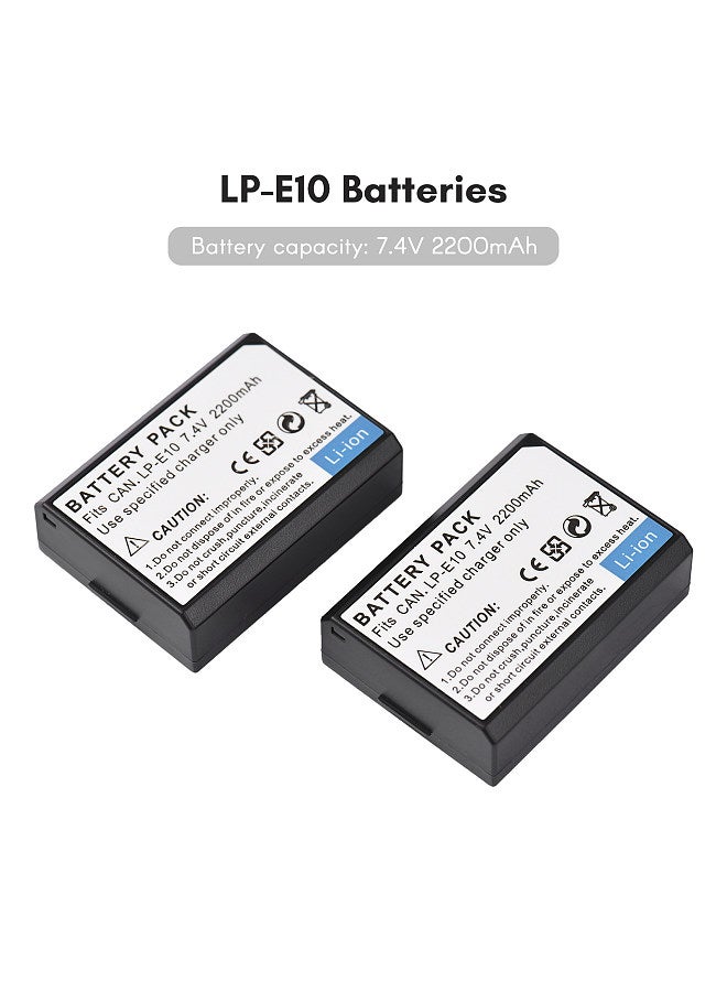 LP-E10 Battery Charger 2-slot with LED Indicators + 2pcs LP-E10 Batteries 7.4V 2200mAh with USB Charging Cable Replacement for Canon 1100D 1200D 1300D Rebel T3 T5 X50 X70