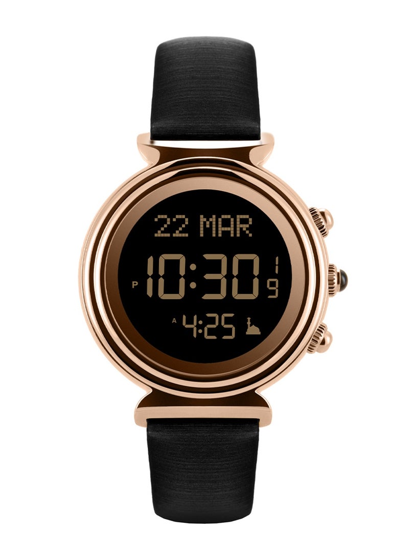 Ladies Watch with Rose Gold Plated Case, Black LCD Display with Back Light, And Black Satin Genuine Leather Strap - WF-14RL