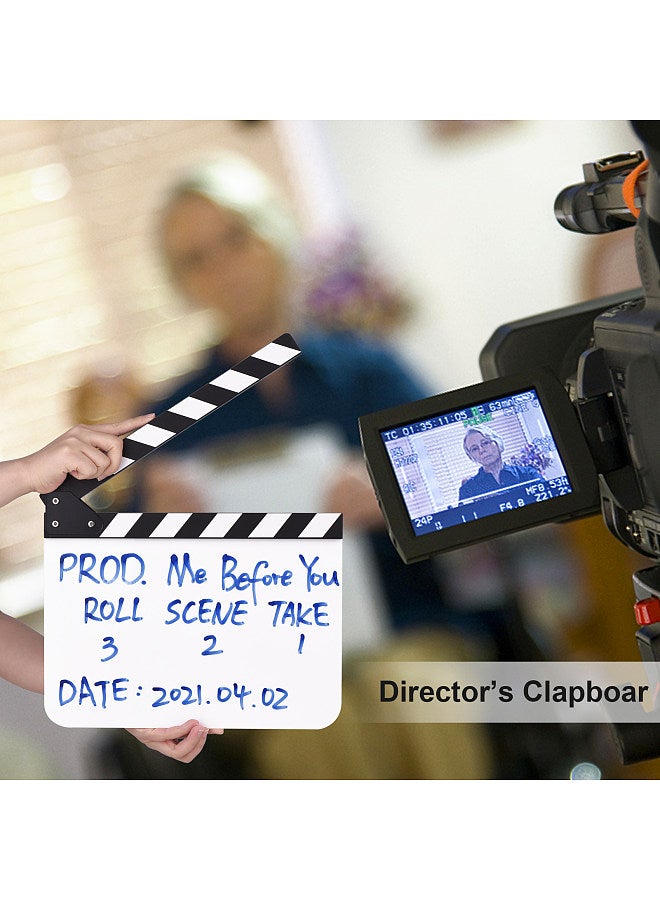 30 * 24cm/ 12 * 9in Acrylic Film Clapboard Movie Directors Clapper Board Slate Cut Action Scene Blank Clap Board Dry Erase with White & Black Sticks