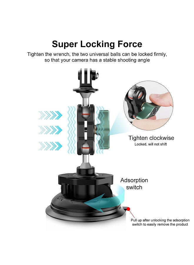 PU848 Suction Cup Mount for Phone Suction Camera Mount Dual 360° Rotatable Ballheads with Phone Holder Sports Camera Mounting Adapter Replacement for GoPro Hero 11/10/9/8 iPhone 14/13/12