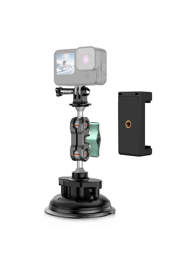 PU848 Suction Cup Mount for Phone Suction Camera Mount Dual 360° Rotatable Ballheads with Phone Holder Sports Camera Mounting Adapter Replacement for GoPro Hero 11/10/9/8 iPhone 14/13/12