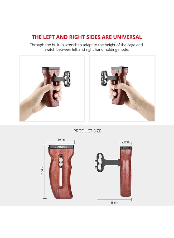 Universal Camera Cage Wooden Handle Left/Right Side Hand Grip with Cold Shoe Mount 1/4 Inch & 3/8 Inch Screw Holes Video Photography Accessories