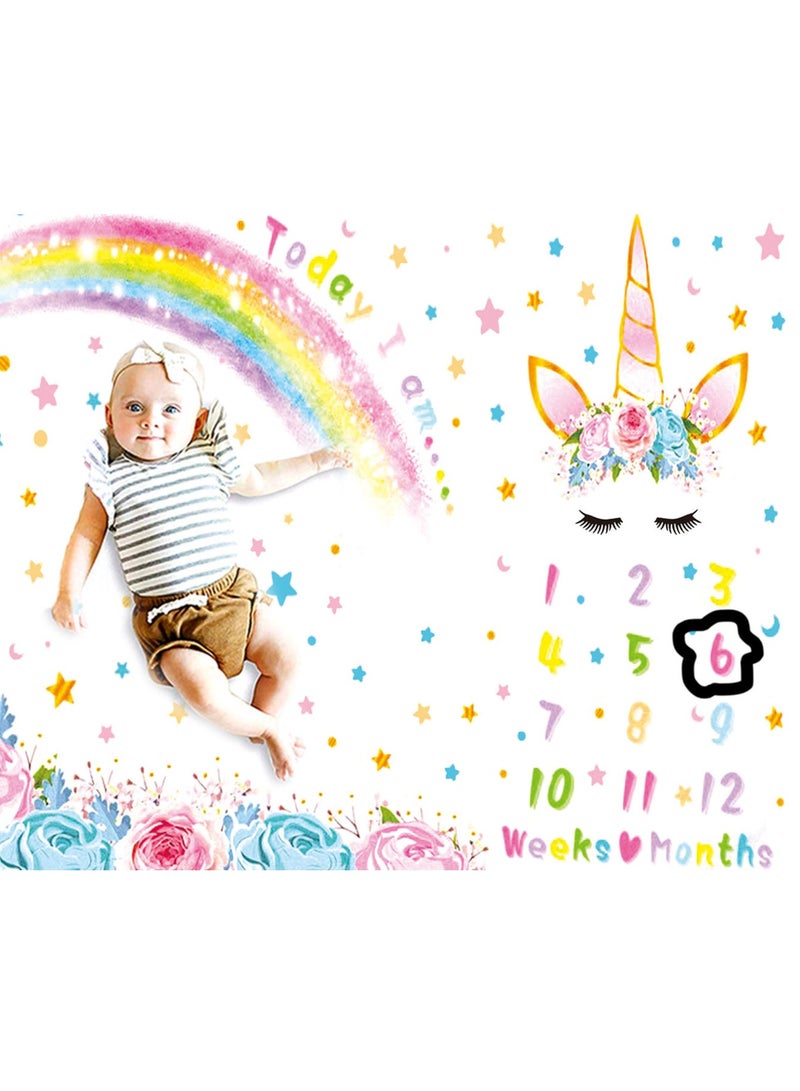 Baby Monthly Milestone Blanket, Cute Unicorn Design, 60” × 40” Soft Fleece Photography Background Blanket Weekly Monthly Girls Infant Quilt Newborn Birthday