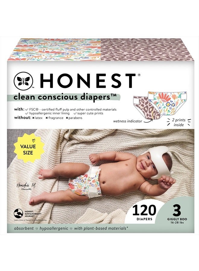 Clean Conscious Diapers | Plant-Based, Sustainable | Wild Thang + Flower Power | Super Club Box, Size 3 (16-28 lbs), 120 Count