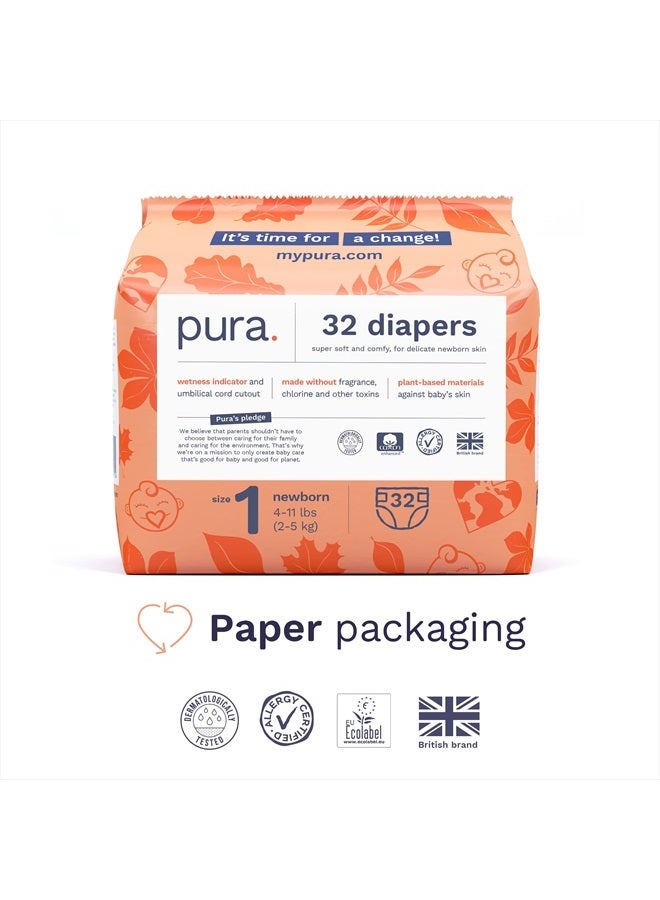 Size 1 Eco-Friendly Diapers (4-11lbs) Hypoallergenic, Soft Organic Cotton Comfort, Sustainable, Wetness Indicator, Allergy UK Certified. Newborn 1 Pack of 32 Baby Diapers