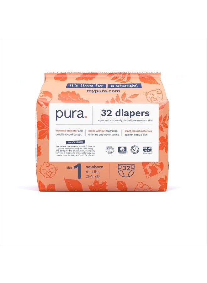 Size 1 Eco-Friendly Diapers (4-11lbs) Hypoallergenic, Soft Organic Cotton Comfort, Sustainable, Wetness Indicator, Allergy UK Certified. Newborn 1 Pack of 32 Baby Diapers