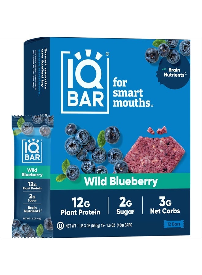 Brain and Body Plant Protein Bars - Wild Blueberry - 12 Count, Low Carb, High Fiber, Gluten Free, Healthy Vegan Snacks - Low Sugar Keto Bar Pack