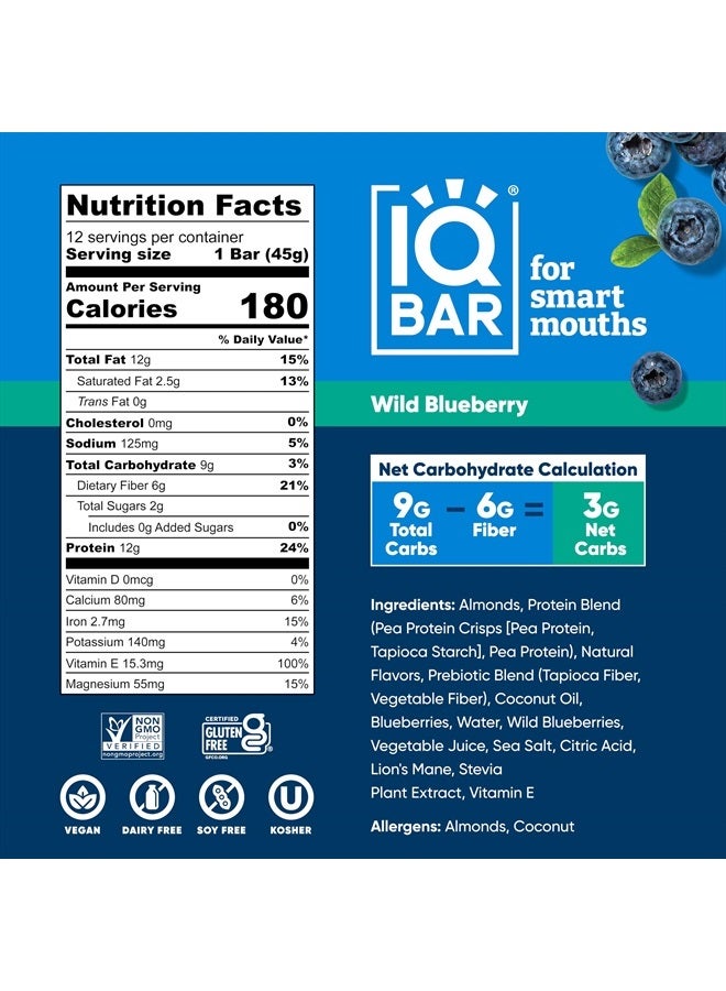 Brain and Body Plant Protein Bars - Wild Blueberry - 12 Count, Low Carb, High Fiber, Gluten Free, Healthy Vegan Snacks - Low Sugar Keto Bar Pack