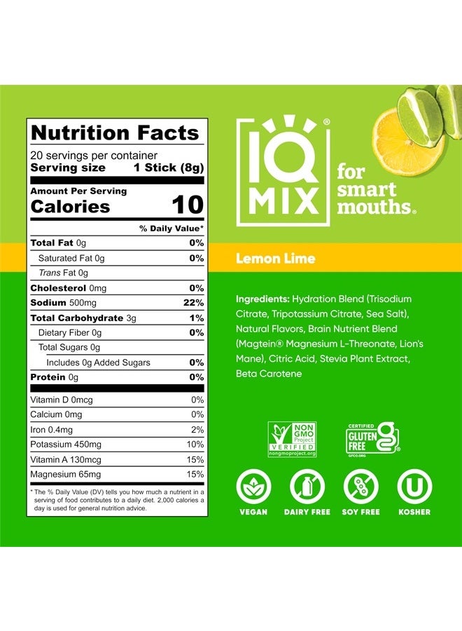 IQMIX Sugar Free Electrolytes Powder Packets - Hydration Supplement Drink Mix with Keto Electrolytes, Lions Mane, Magnesium L-Threonate, and Potassium Citrate - Lemon Lime (20 Count)