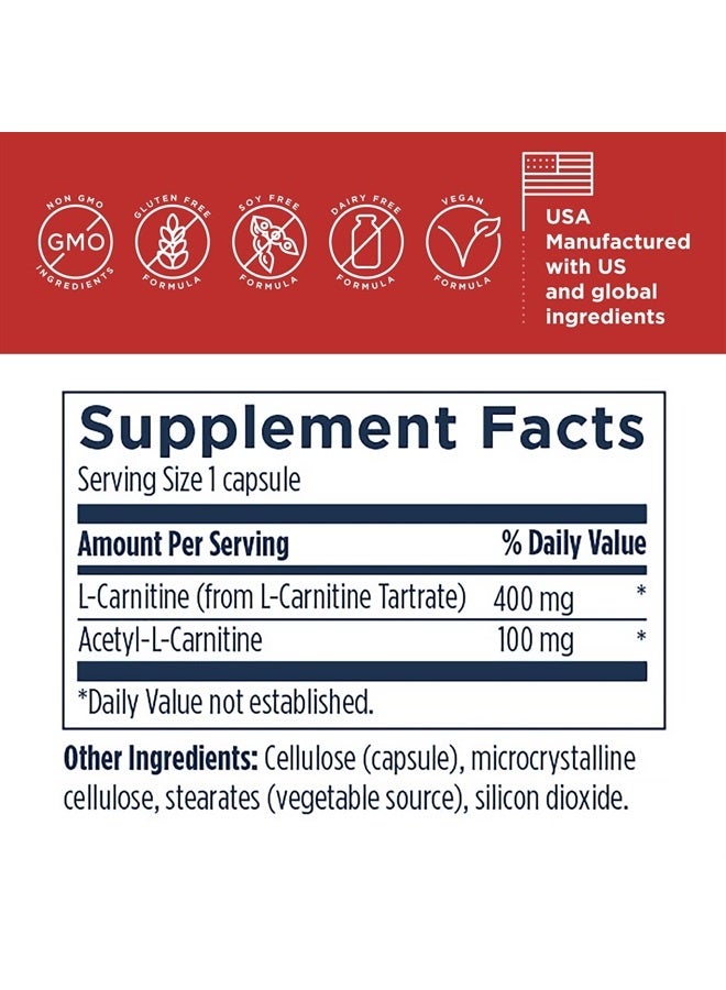 Carnitine Synergy - 400mg L-Carnitine (from Carnitine Tartrate) + 100mg Acetyl L-Carnitine Pills - Non-GMO + Vegetarian Supplement (120 Capsules)