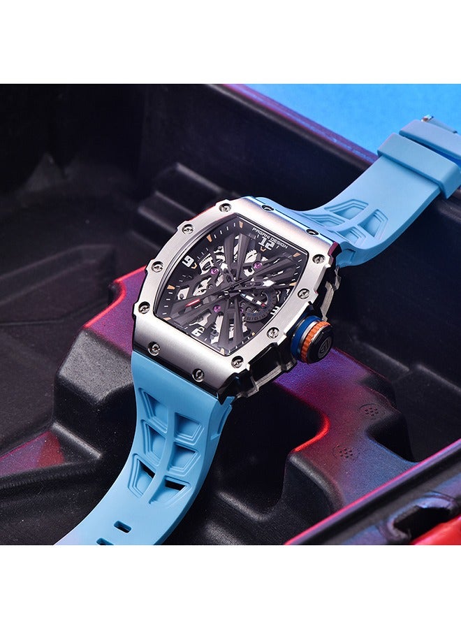 PD1738 Men's Fashion Watch Japan VH65 Quartz Movement Stainless Steel Skeleton Tonneau Dial Rubber Strap Waterproof Luminous Sports WristWatches