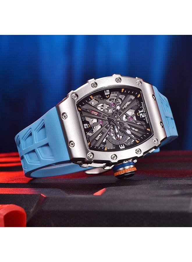 PD1738 Men's Fashion Watch Japan VH65 Quartz Movement Stainless Steel Skeleton Tonneau Dial Rubber Strap Waterproof Luminous Sports WristWatches