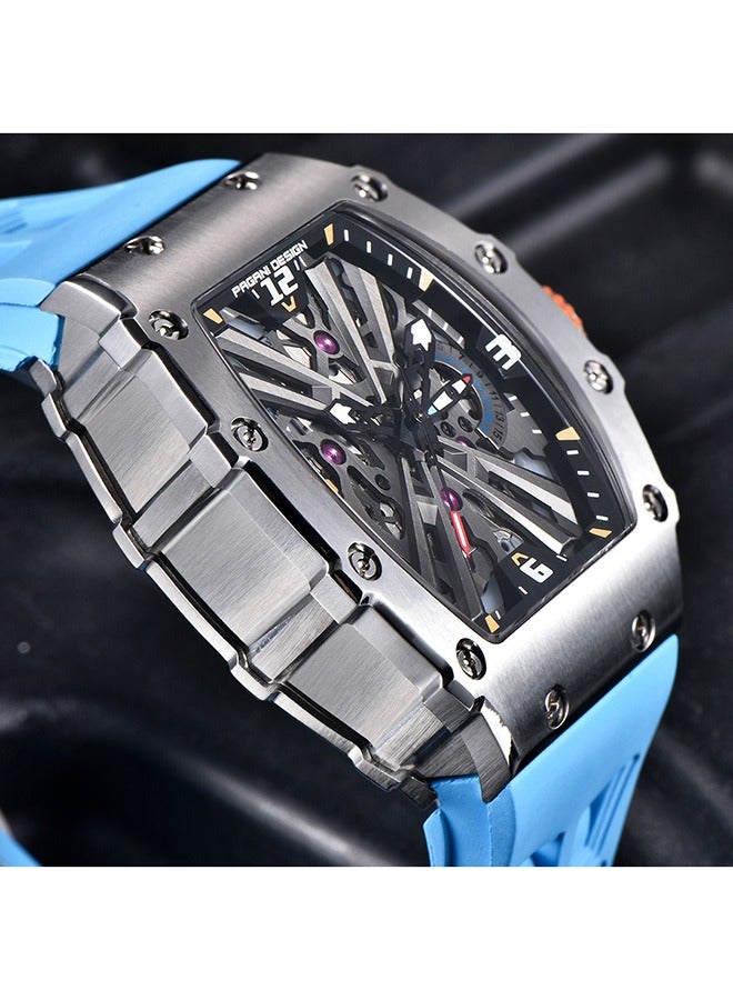 PD1738 Men's Fashion Watch Japan VH65 Quartz Movement Stainless Steel Skeleton Tonneau Dial Rubber Strap Waterproof Luminous Sports WristWatches