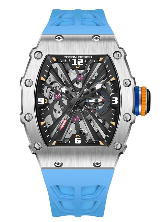 PD1738 Men's Fashion Watch Japan VH65 Quartz Movement Stainless Steel Skeleton Tonneau Dial Rubber Strap Waterproof Luminous Sports WristWatches