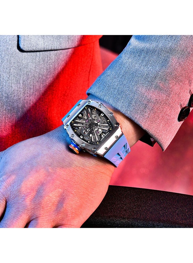 PD1738 Men's Fashion Watch Japan VH65 Quartz Movement Stainless Steel Skeleton Tonneau Dial Rubber Strap Waterproof Luminous Sports WristWatches