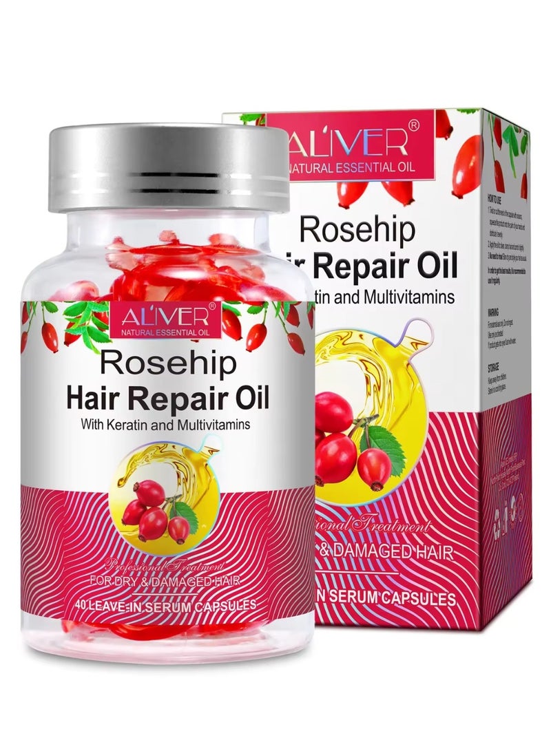 40 Pcs Rosehip Hair Repair Oil Capsules Organic Rosehip Seed Oil with Keratin & Multivitamins Rosehip Hair Repair Oil Shines Nourishing Repair Dry & Damaged Hair Treatment Leave-In Serum