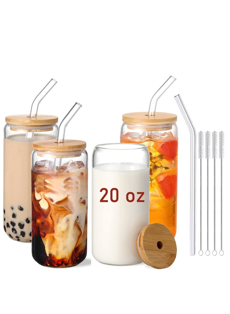 20 Oz Drinking Glasses with Bamboo Lids and Glass Straw - 4 Pcs Can Shaped Glass Cups Beer & Ice Coffee Glasses Cute Tumbler Cup Great for Soda Boba Tea Cocktail Include 4 Cleaning Brushes