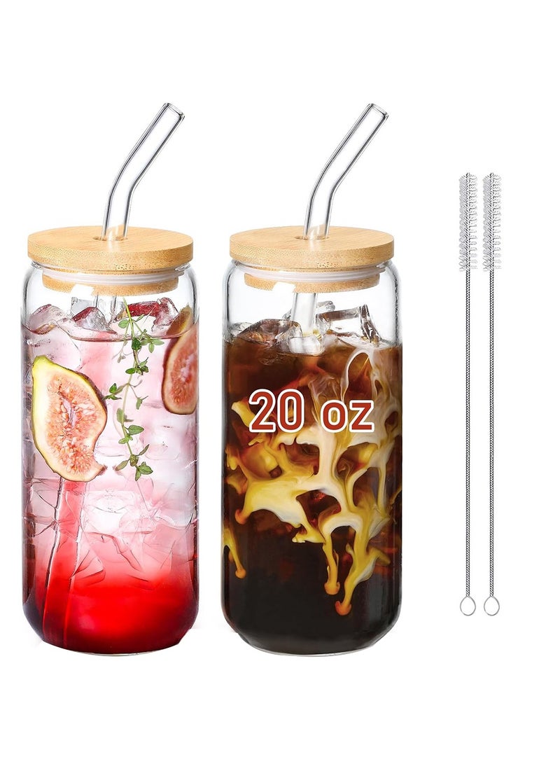 20 OZ Glass Cups with Bamboo Lids and Glass Straw -2pcs Set Beer Can Shaped Drinking Glasses, Iced Coffee Glasses, Cute Tumbler Cup, Aesthetic Coffee Bar Accessories, Gifts