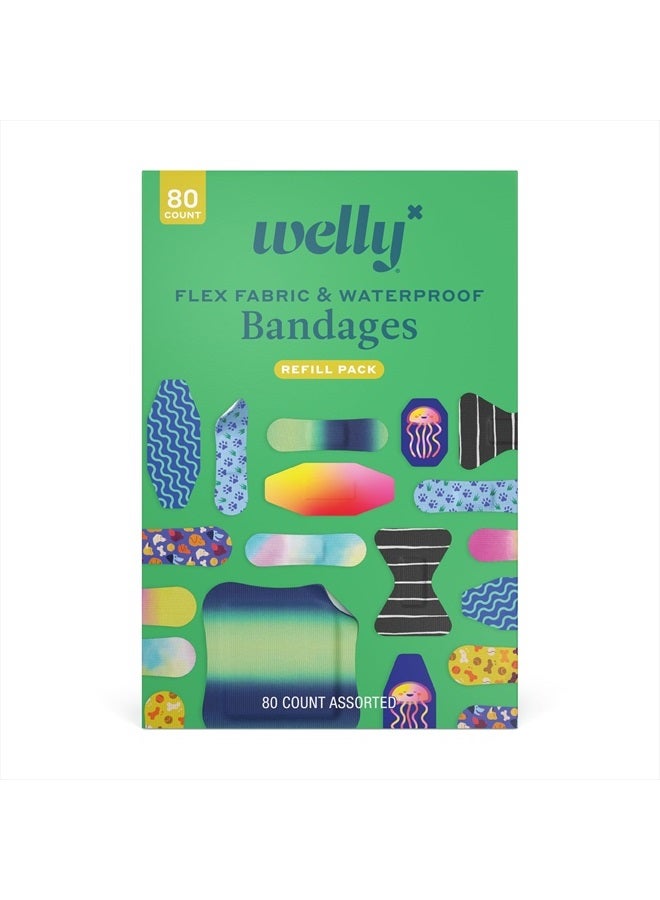 Bandage Family Pack | Adhesive Flexible Fabric & Waterproof Bandages | Assorted Shapes and Patterns for Minor Cuts, Scrapes, and Wounds - 80 Count
