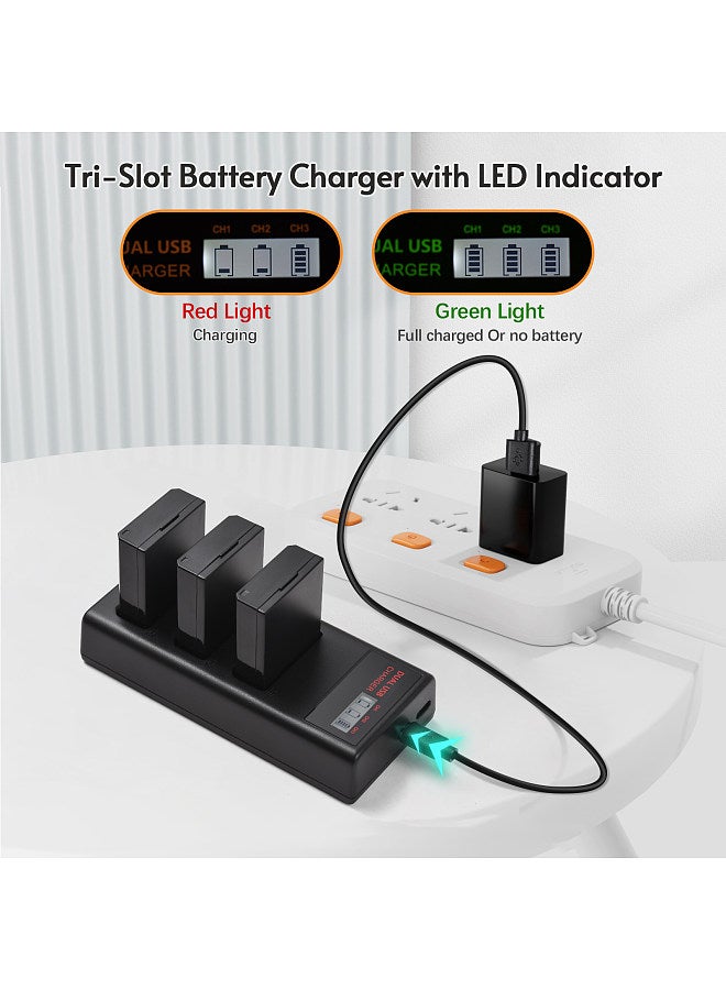 LP-E10 Battery Charger 3-Slot Charger with LED Indicators Micro USB & Type C Port + 3pcs LP-E10 Batteries 7.4V 2300mAh