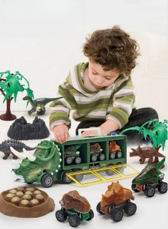 9 PCS Dinosaur Truck Carrier with 1 rockery 2 Trees 1 Dinosaur Egg Nest 3 Dinosaurs Light and Sound Pull Back Car Toy for Toddler Boys 3 to 5 Years Old