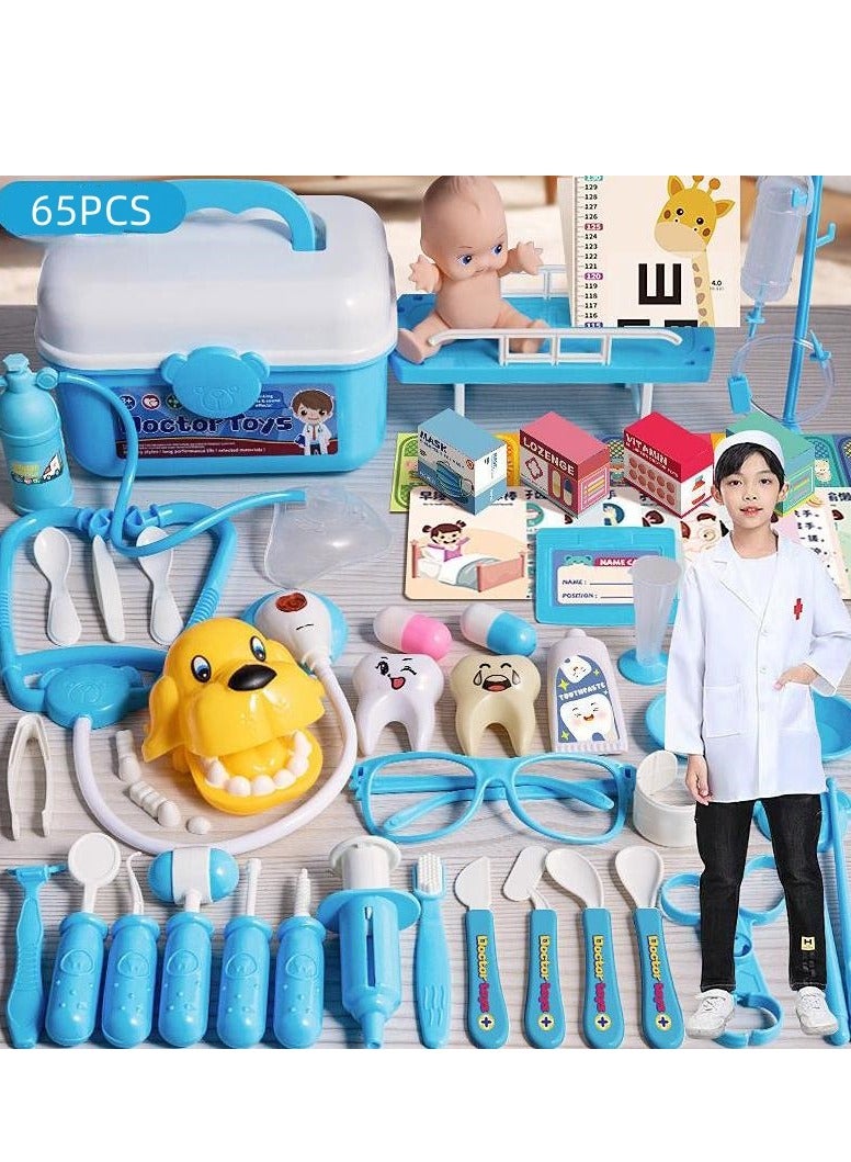65-Piece Blue Kids Doctor Kit Pretend Play Toys with Working Stethoscope and Coat Carry Case Medical Role Play Toy