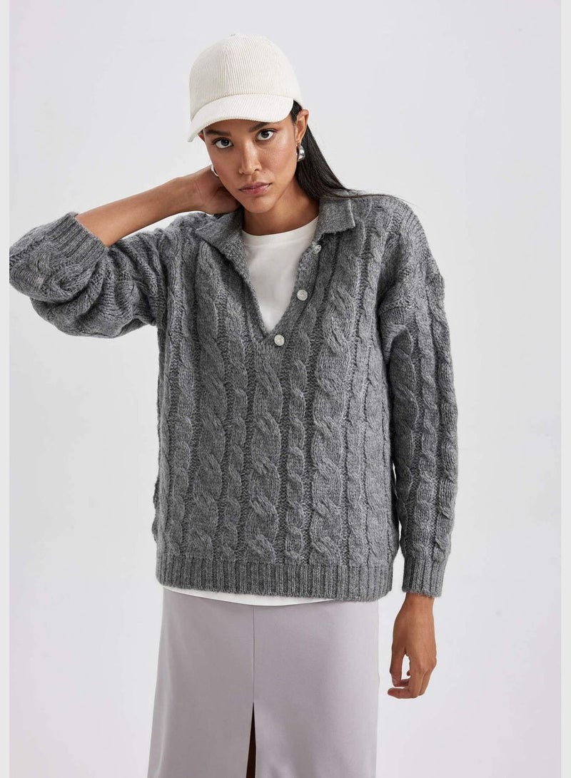 Woman Polo Neck Long Sleeve Tricot Pullover