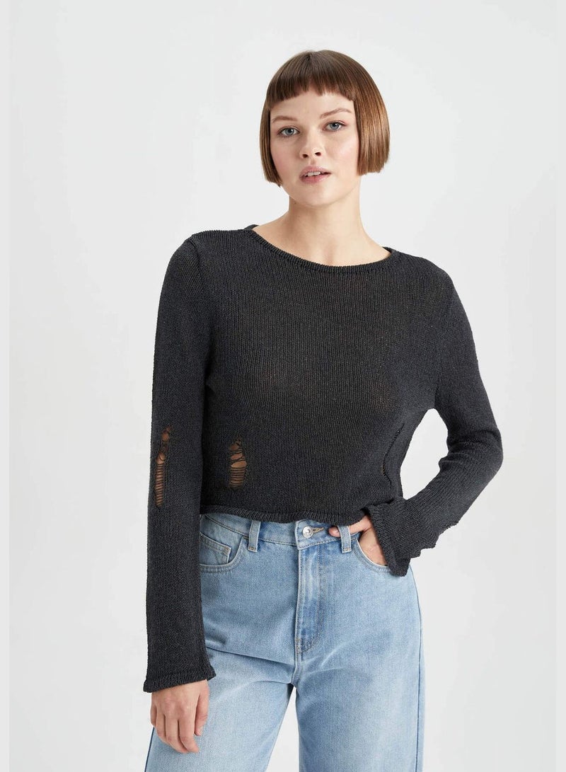 Woman Crew Neck Long Sleeve Tricot Pullover