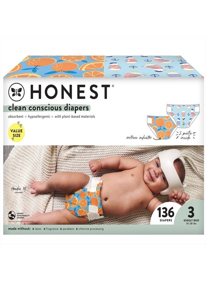 Clean Conscious Diapers | Plant-Based, Sustainable | Orange You Cute + Feeling Nauti | Super Club Box, Size 3 (16-28 lbs), 136 Count