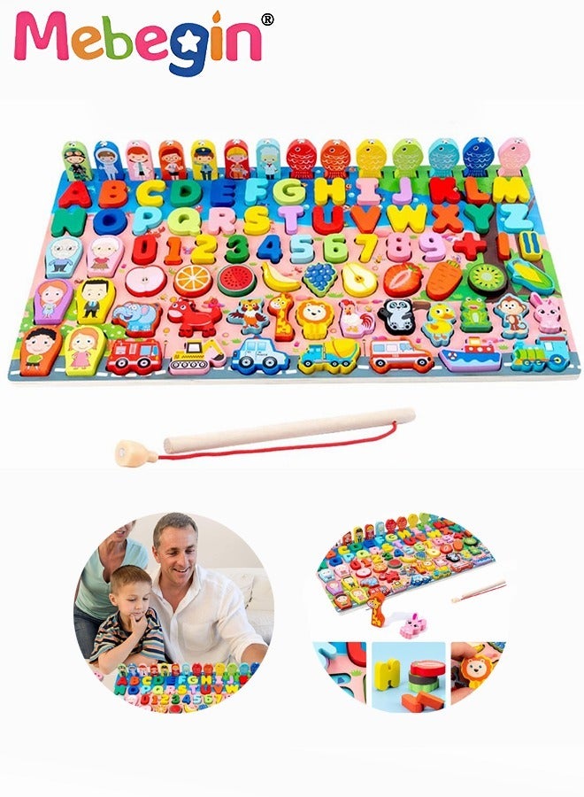 Wooden Number Puzzle Shape Sorter Counting & Matching Game Magnetic Fishing Game Logarithmic Board Montessori Toy for Kids Toddlers Preschool Education